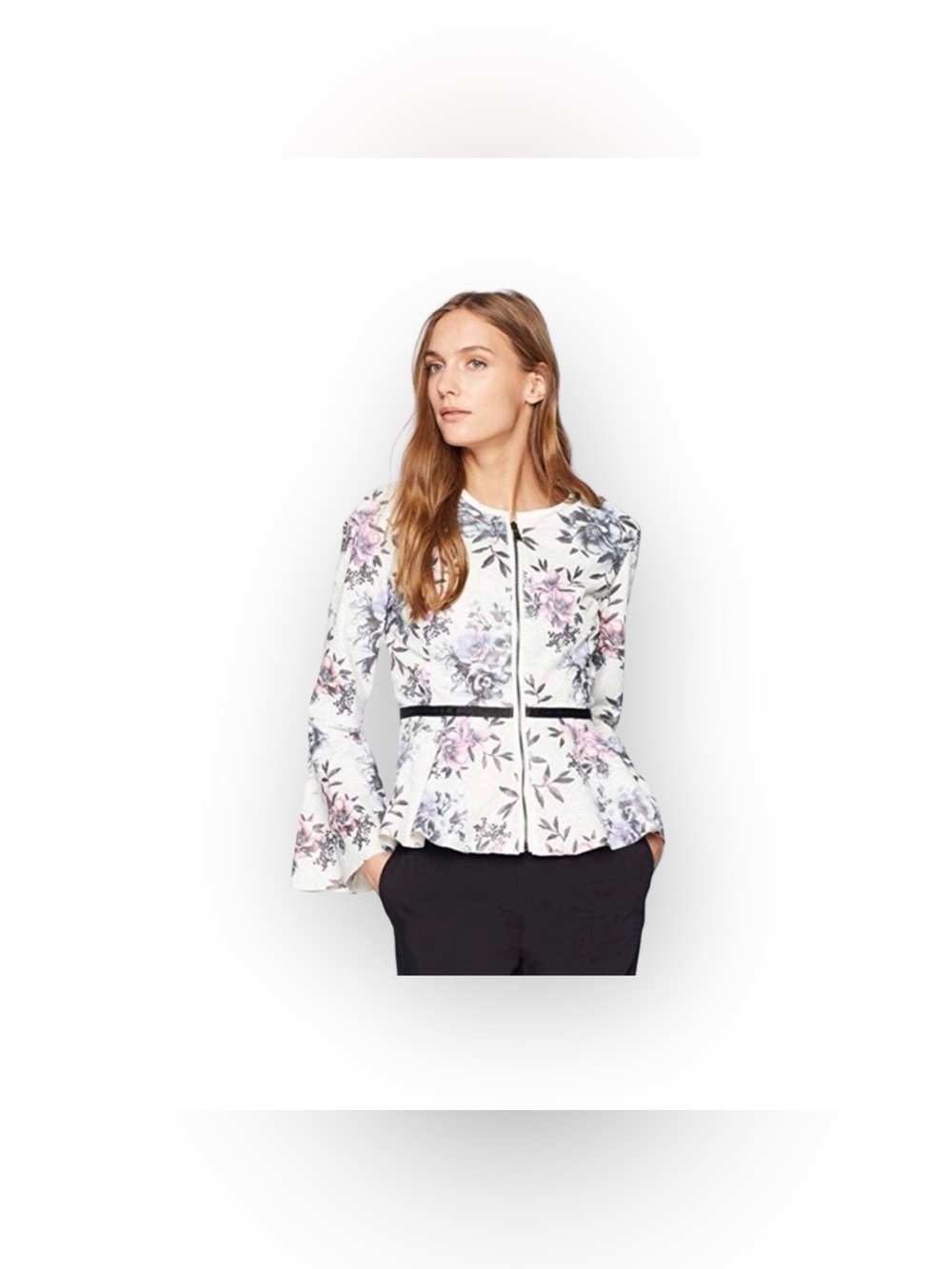 Bagatelle Jacket in Perforated Vegan Leather with Peplum and Floral Print Sz-S